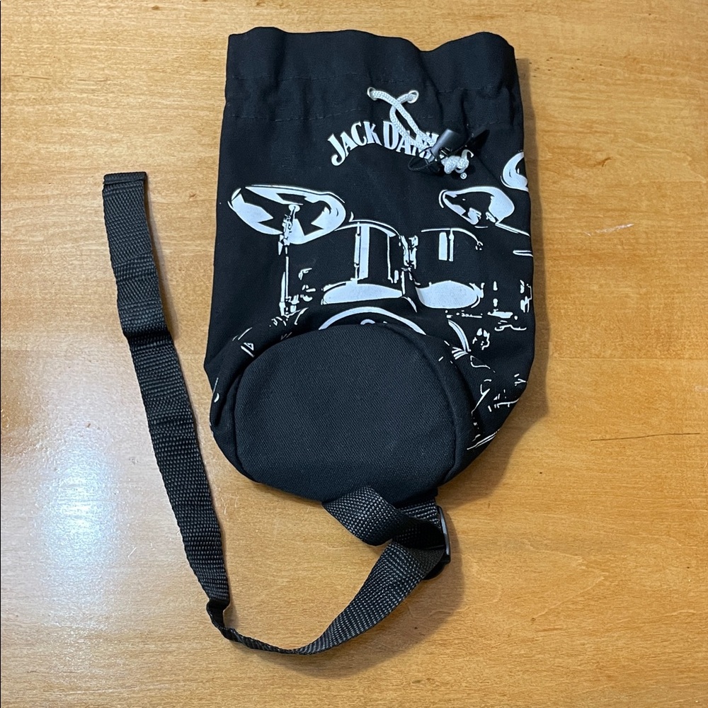 Jack Daniels Black Drawstring Bottle Bag with Drum Graphic